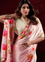 Thumbnail for Vastranavya Peach Satin Silk Floral Printed with Pearl Lace Saree with Unstitched Blouse - Distacart