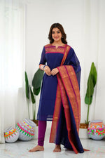 Thumbnail for Divine Drape Women's Cotton Printed Straight Kurta With Dupatta - Blue