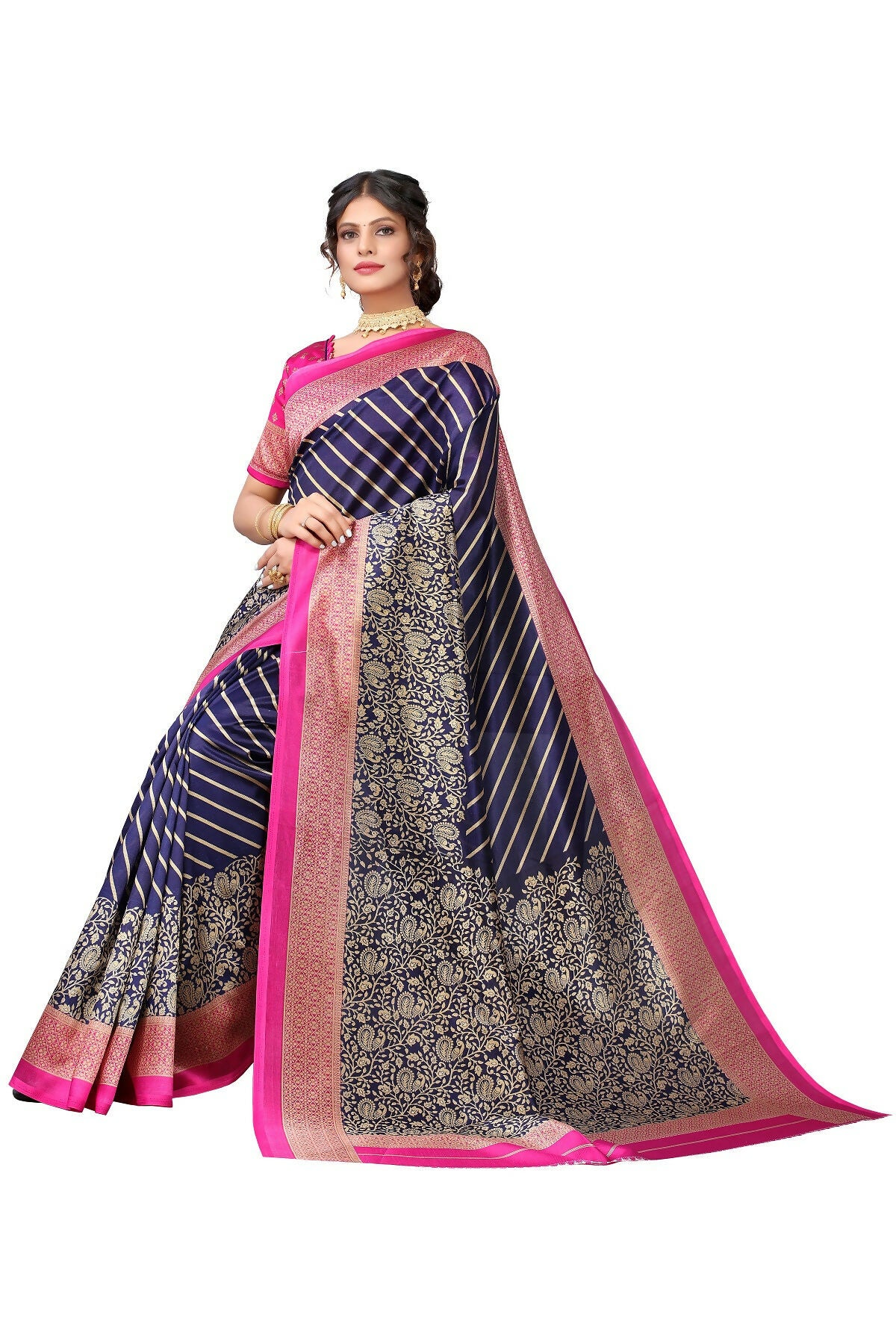 Vamika Navy Blue Printed Art Silk Saree - Distacart