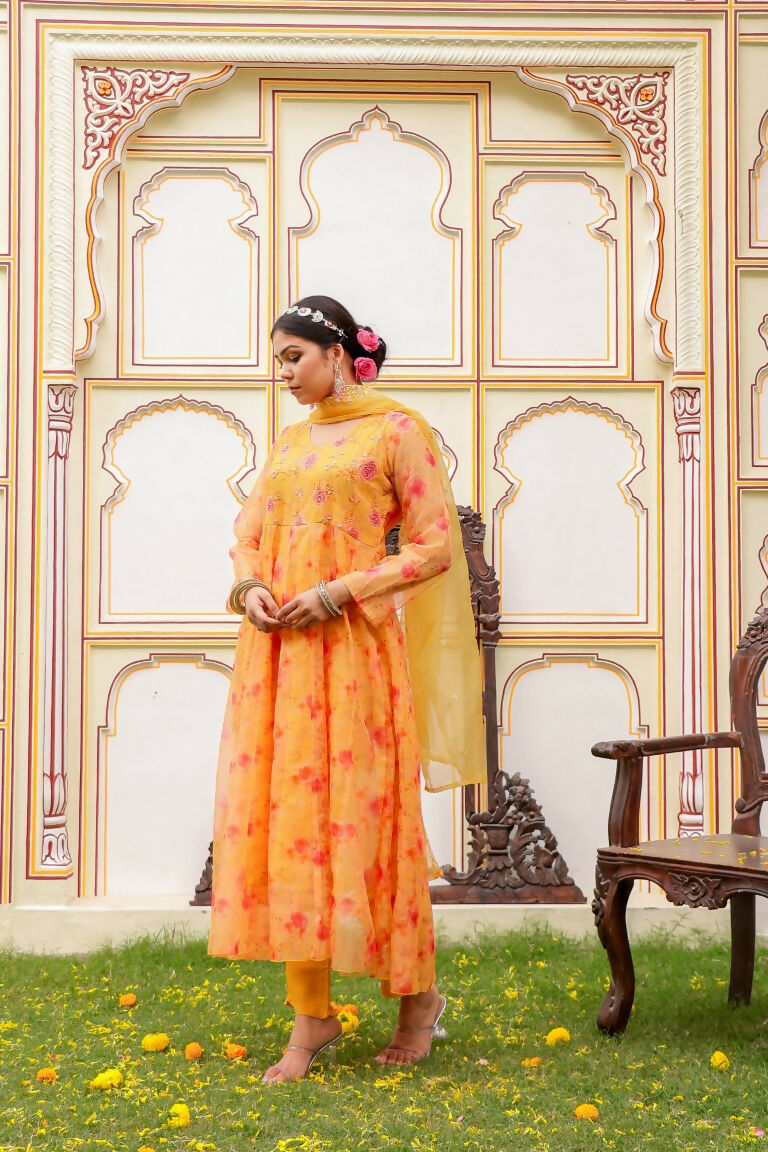 Vaasva Women Yellow Organza Floral Embroidered Anarkali Kurta, Pant & Dupatta set - Distacart