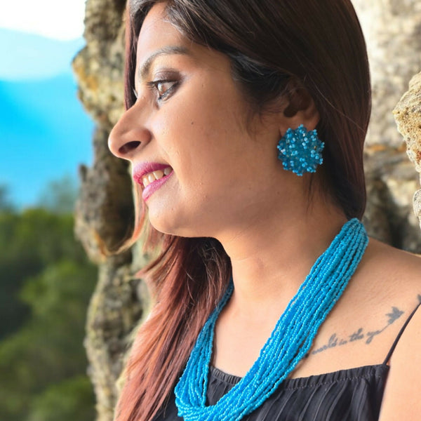 Inhanns Vibrant Handmade 20 Layers Beaded Necklace With Matching Earrings - Sky Blue - Distacart