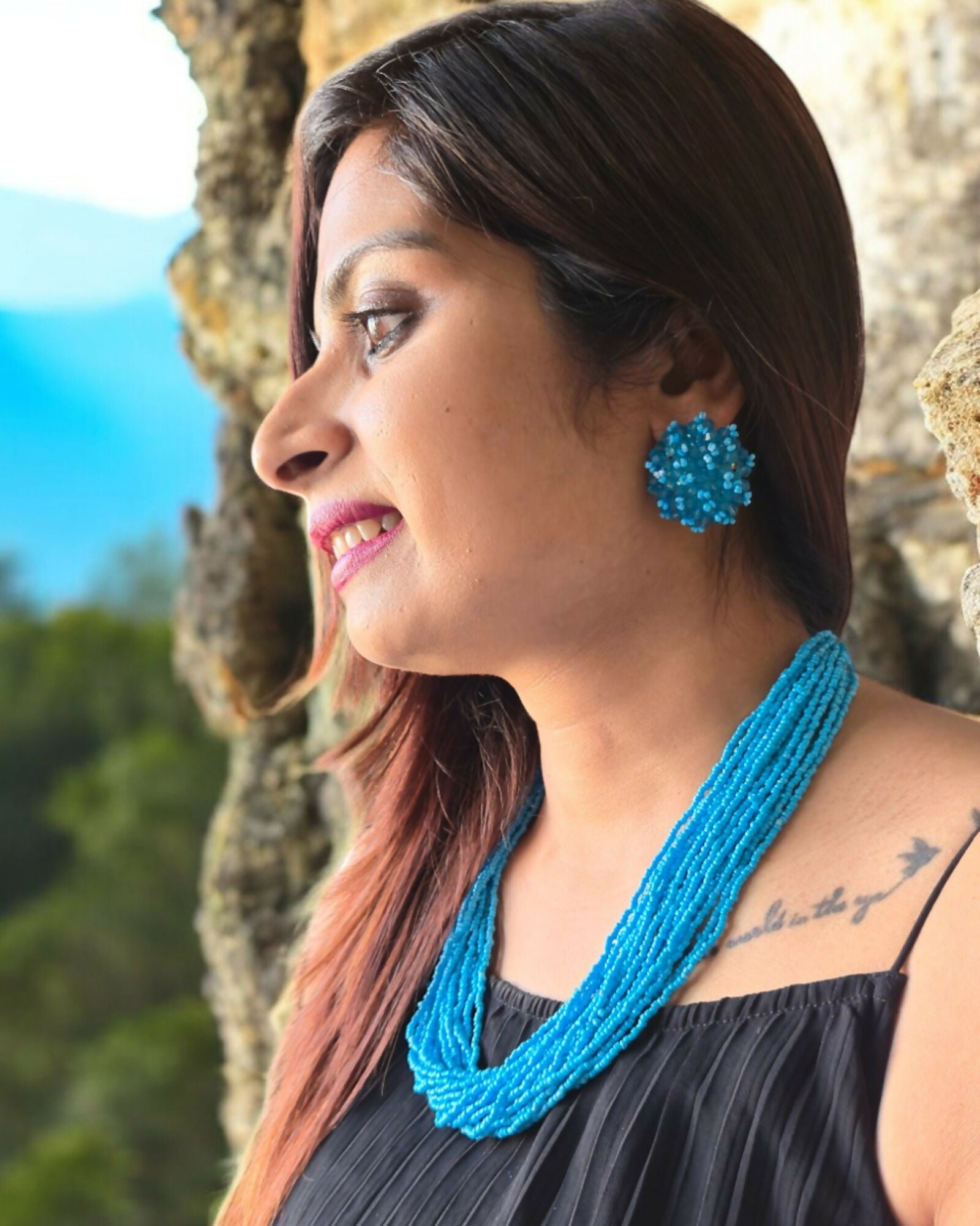 Inhanns Vibrant Handmade 20 Layers Beaded Necklace With Matching Earrings - Sky Blue - Distacart