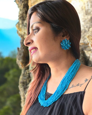 Inhanns Vibrant Handmade 20 Layers Beaded Necklace With Matching Earrings - Sky Blue - Distacart