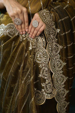Thumbnail for Joban Fashion Mehendi Green Net Party Wear Sarees - Distacart