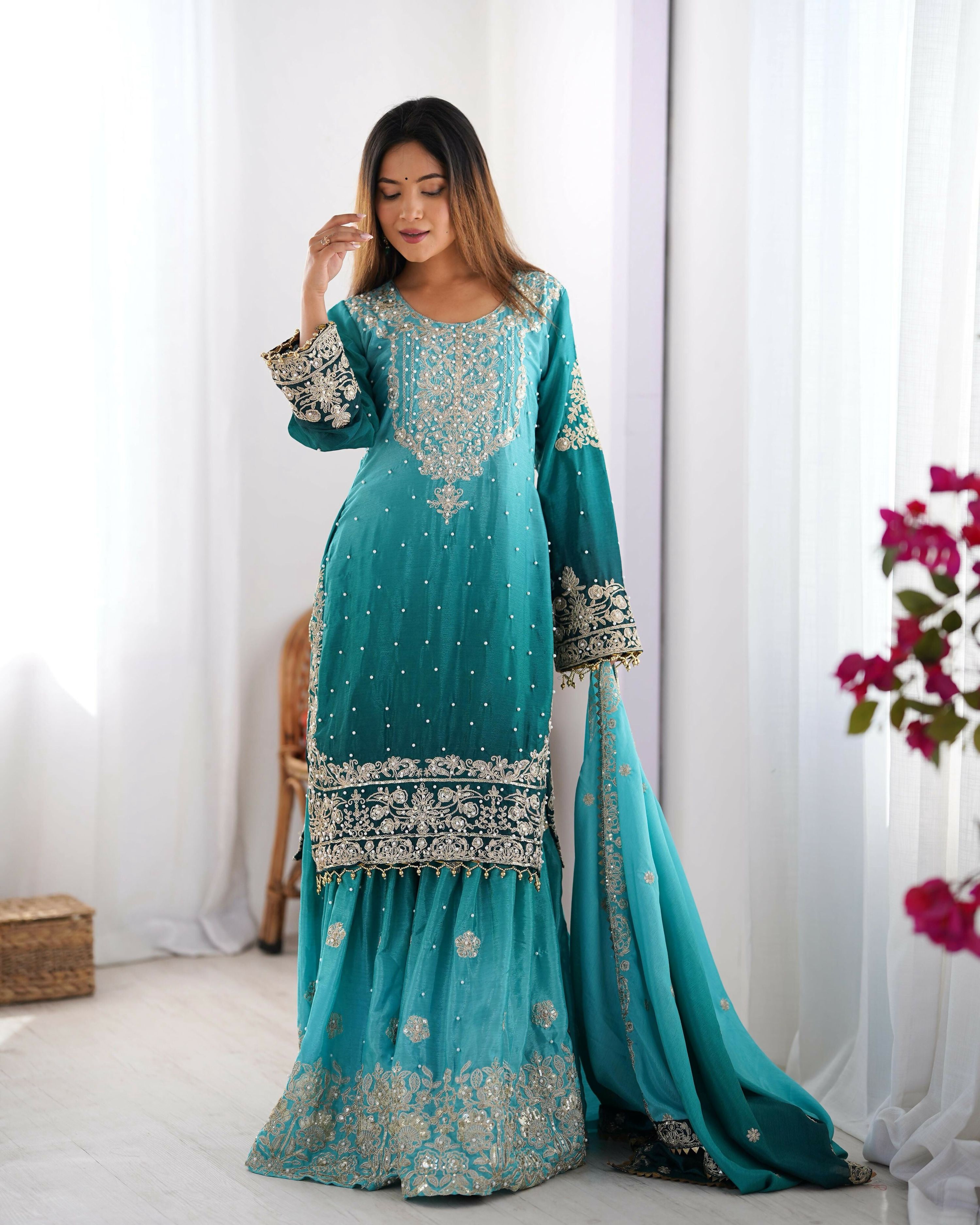 Joban Fashion Sky Blue Palazzo Chinon silk Coding Dori with Sequence with Rivet Moti