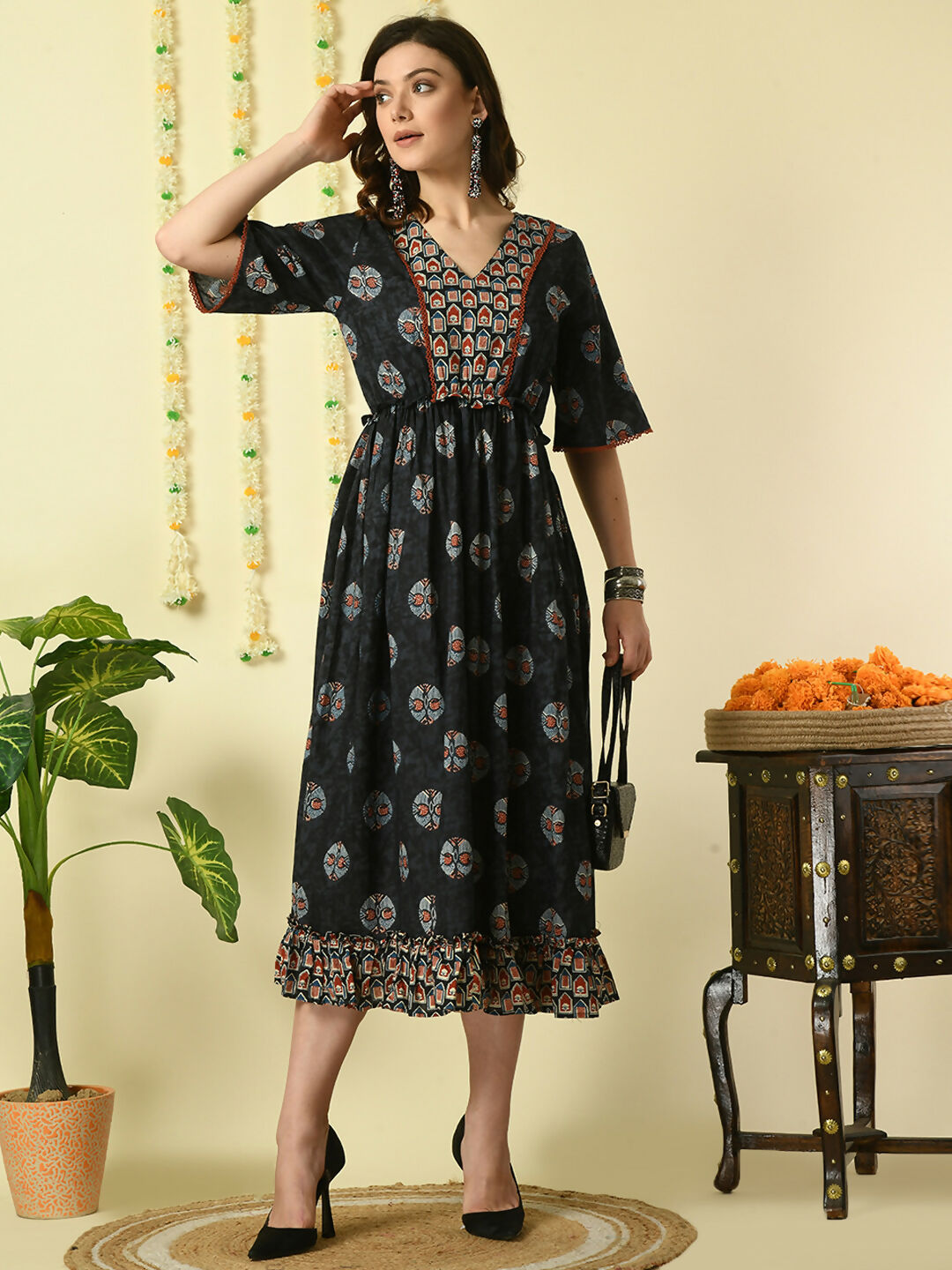 Myshka Women's Black Printed Cotton Party Dress - Distacart