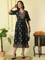Thumbnail for Myshka Women's Black Printed Cotton Party Dress - Distacart