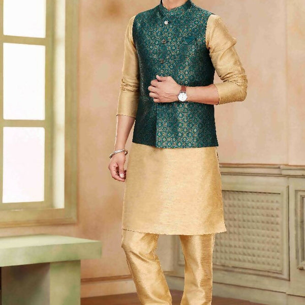 Raivat Ethnic Jacquard Banarasi Silk Woven Work 3 Pics Jacket Set In Green Colour - Distacart
