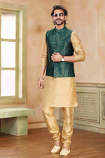 Thumbnail for Raivat Ethnic Jacquard Banarasi Silk Woven Work 3 Pics Jacket Set In Green Colour - Distacart