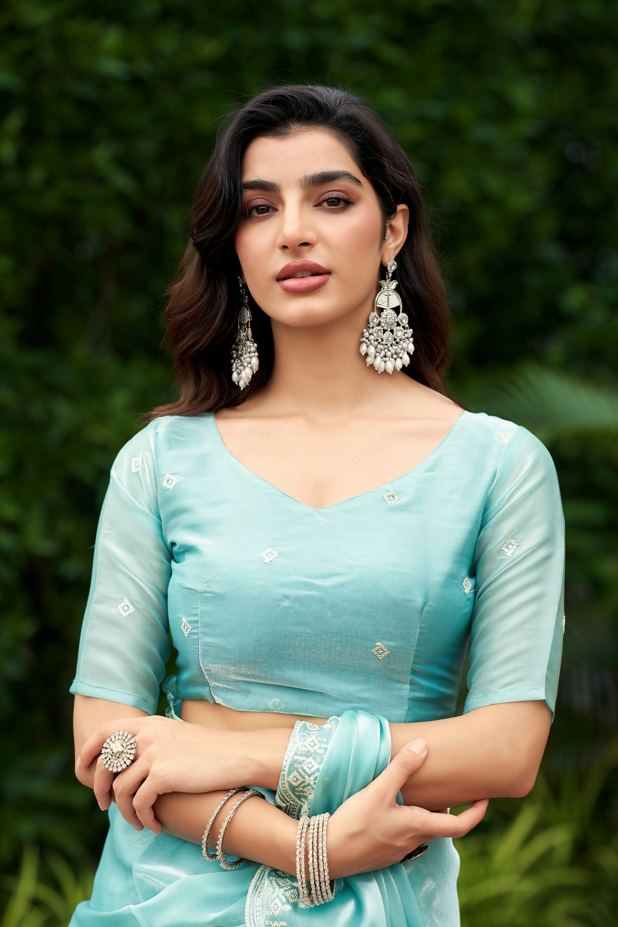 Vastranavya Turquoise Embroidery Work Shimmer Chiffon Saree with Unstitched Blouse