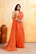 Thumbnail for Piyari Fashion Women's Orange Embellished Cotton Blend Zari Check Handloom Saree - Distacart