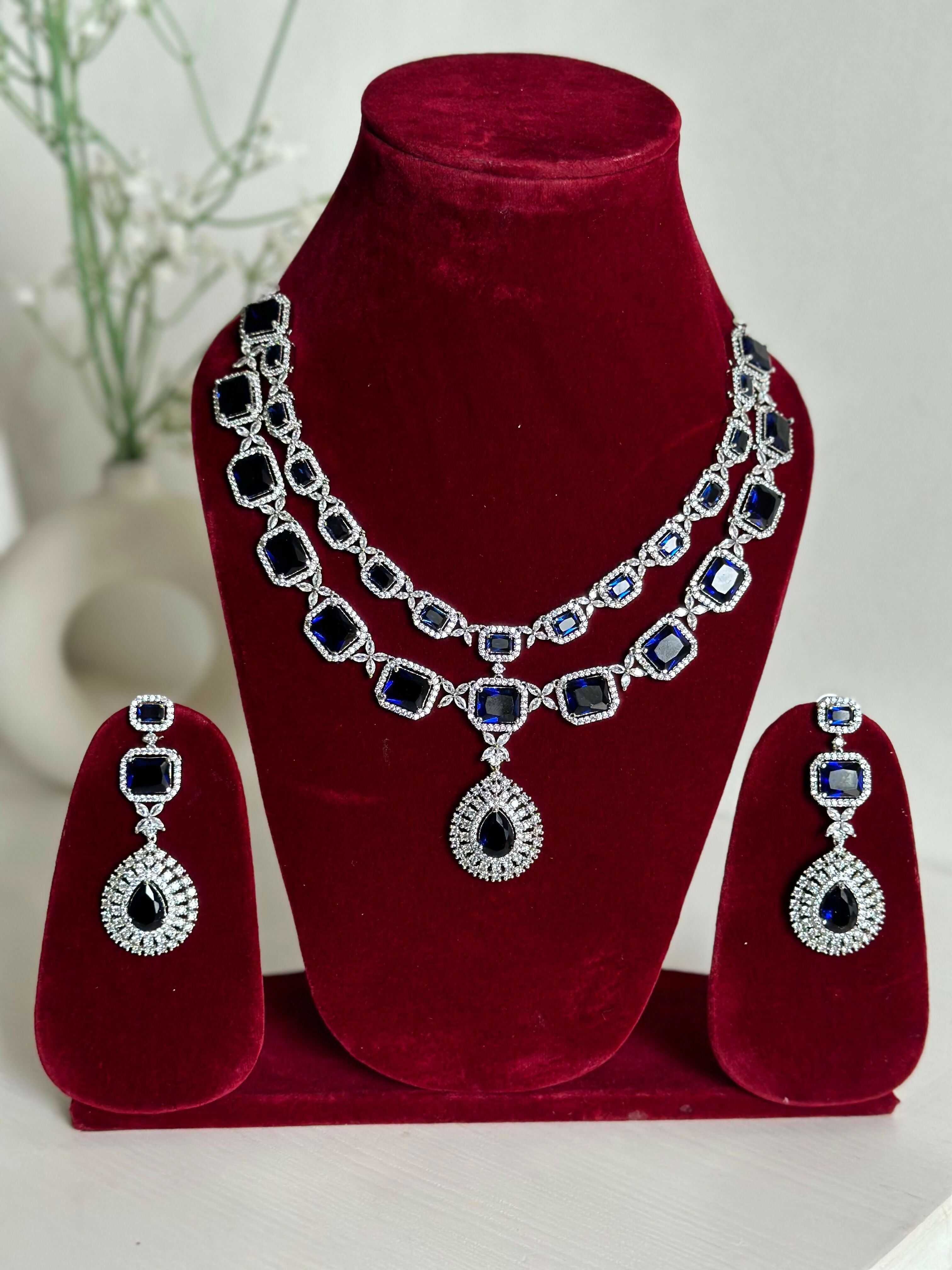 Royal Blue American Diamond Two Layer Elegent Necklace Set With Earrings By House of Ree - Distacart