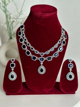 Royal Blue American Diamond Two Layer Elegent Necklace Set With Earrings By House of Ree - Distacart