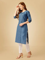Thumbnail for Jyoti Fashion Women's Denim Blue Cotton Blend Embroidered Kurta Pant Set - Distacart