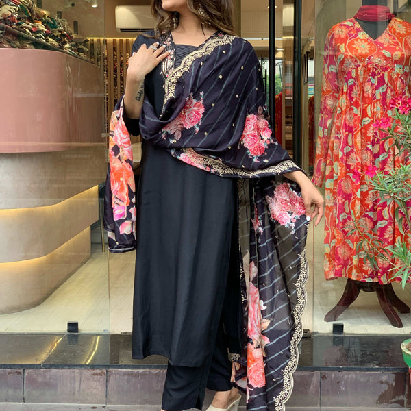 Yash Enterprise Black Rayon Embroidery Party Wear Suit Set