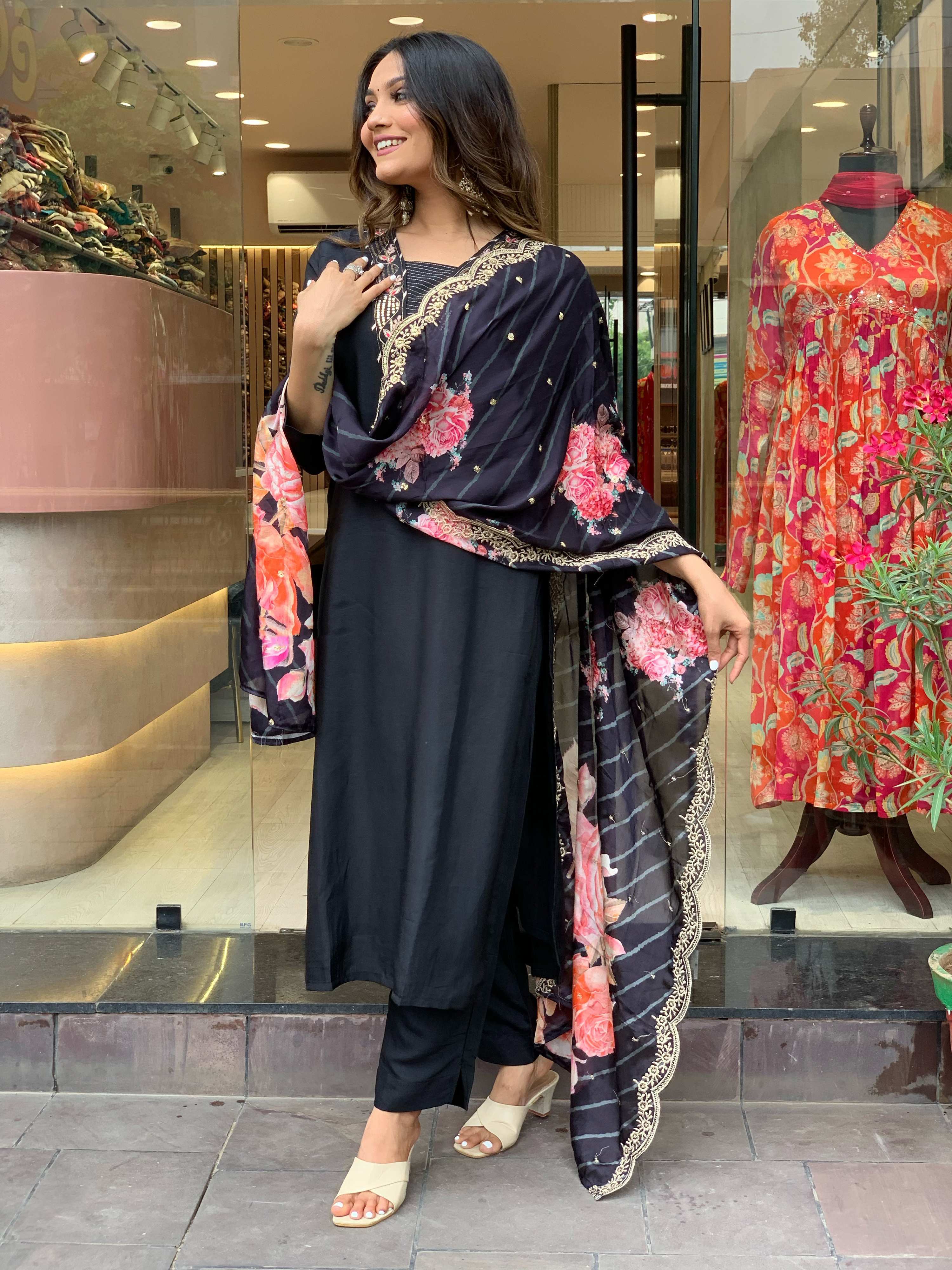 Yash Enterprise Black Rayon Embroidery Party Wear Suit Set - Distacart