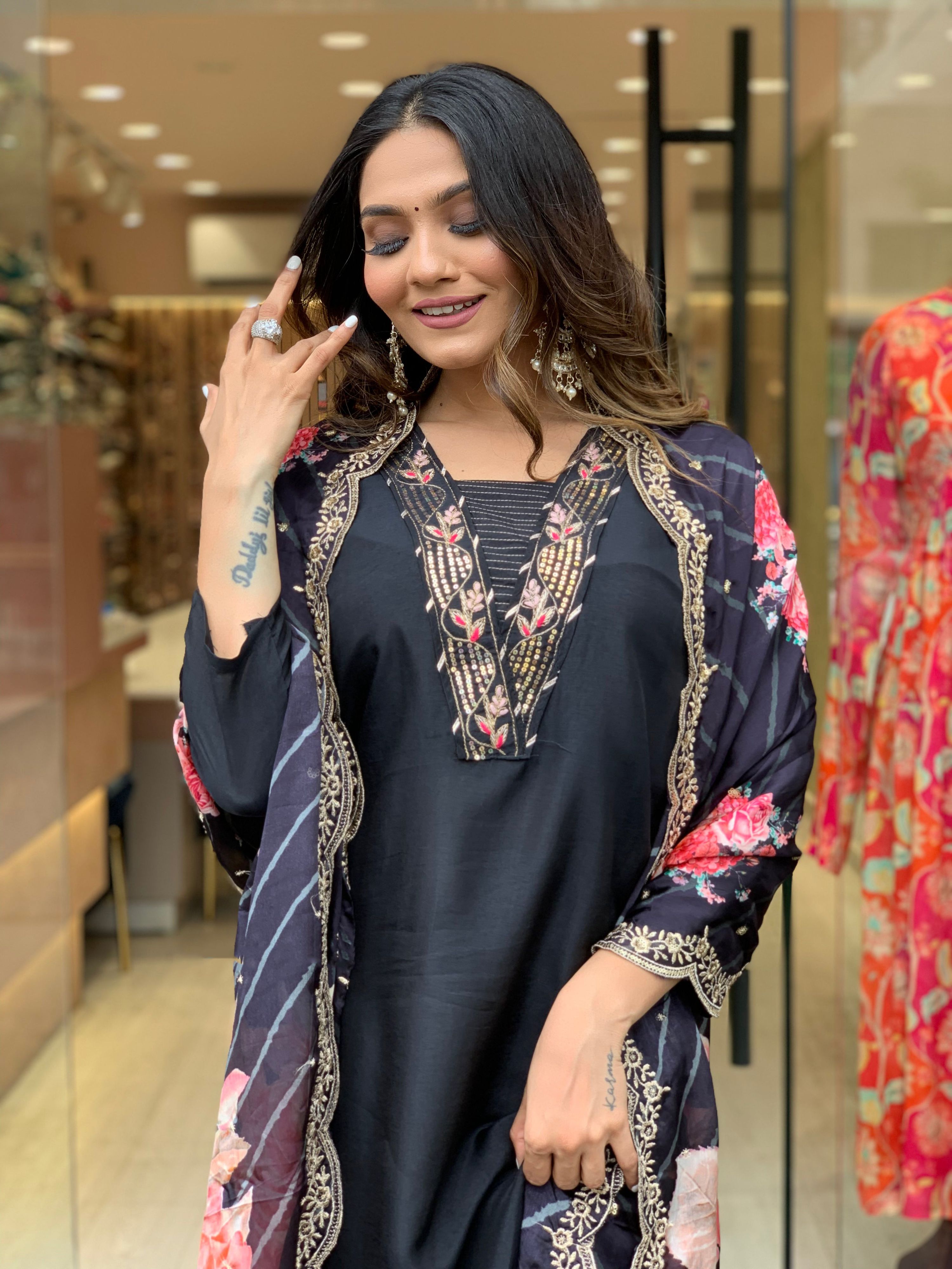 Yash Enterprise Black Rayon Embroidery Party Wear Suit Set