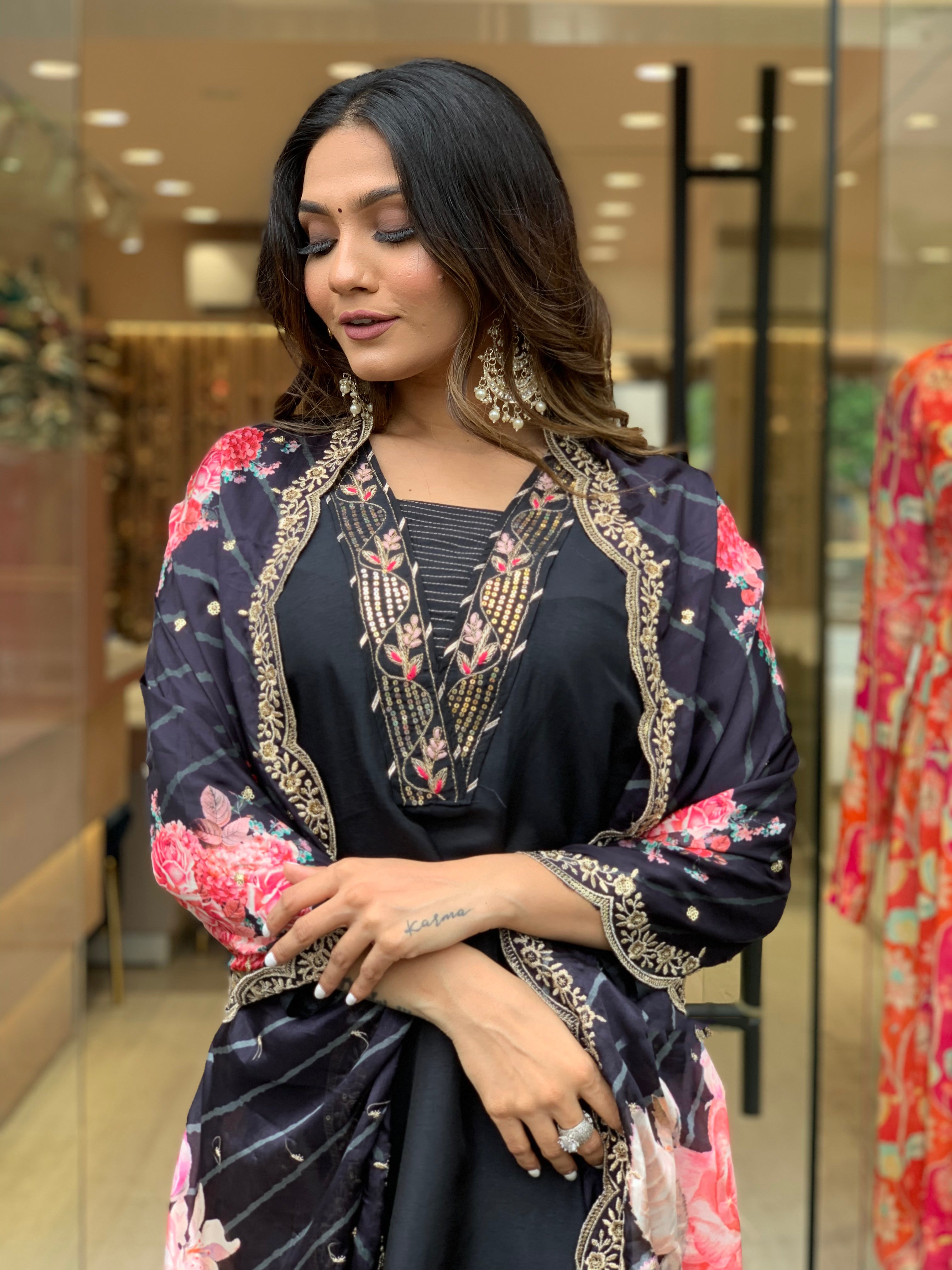 Yash Enterprise Black Rayon Embroidery Party Wear Suit Set