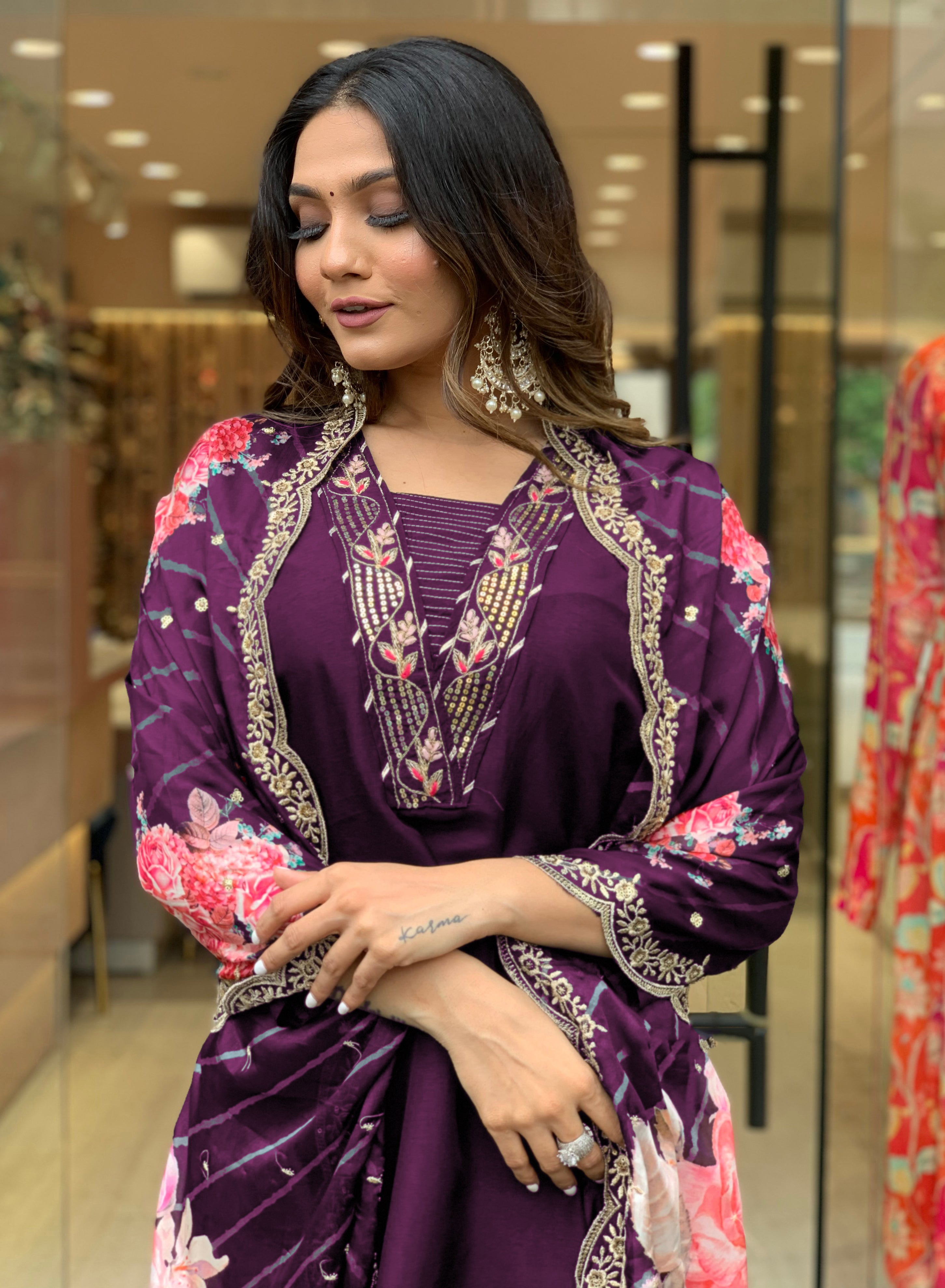 Yash Enterprise Wine Rayon Embroidery Party Wear Suit Set