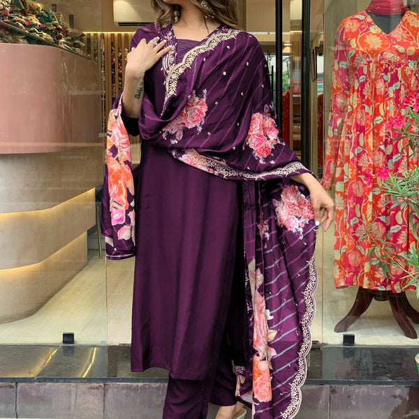 Yash Enterprise Wine Rayon Embroidery Party Wear Suit Set