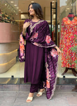 Thumbnail for Yash Enterprise Wine Rayon Embroidery Party Wear Suit Set