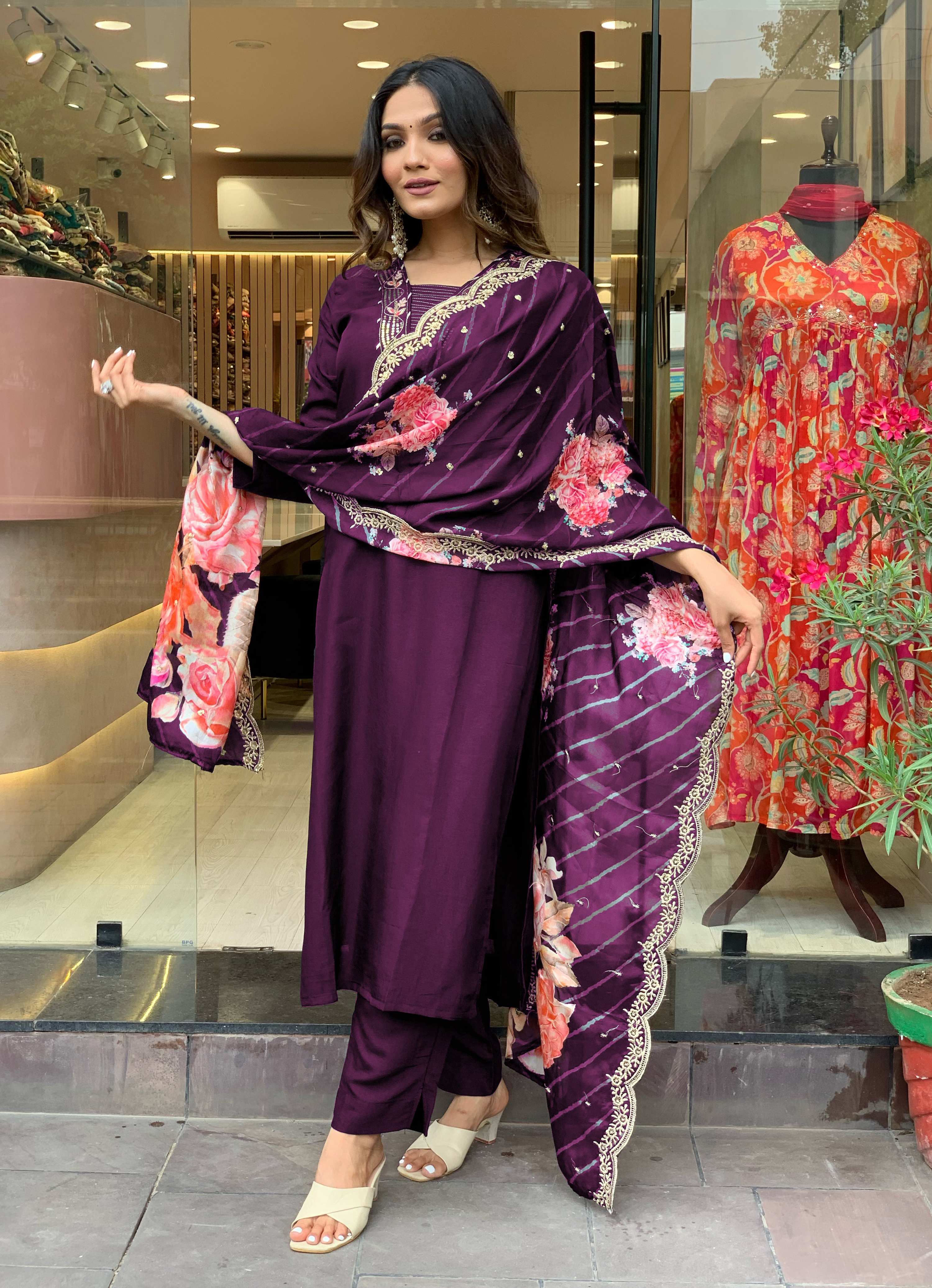 Yash Enterprise Wine Rayon Embroidery Party Wear Suit Set