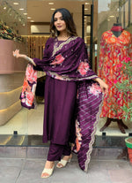 Thumbnail for Yash Enterprise Wine Rayon Embroidery Party Wear Suit Set