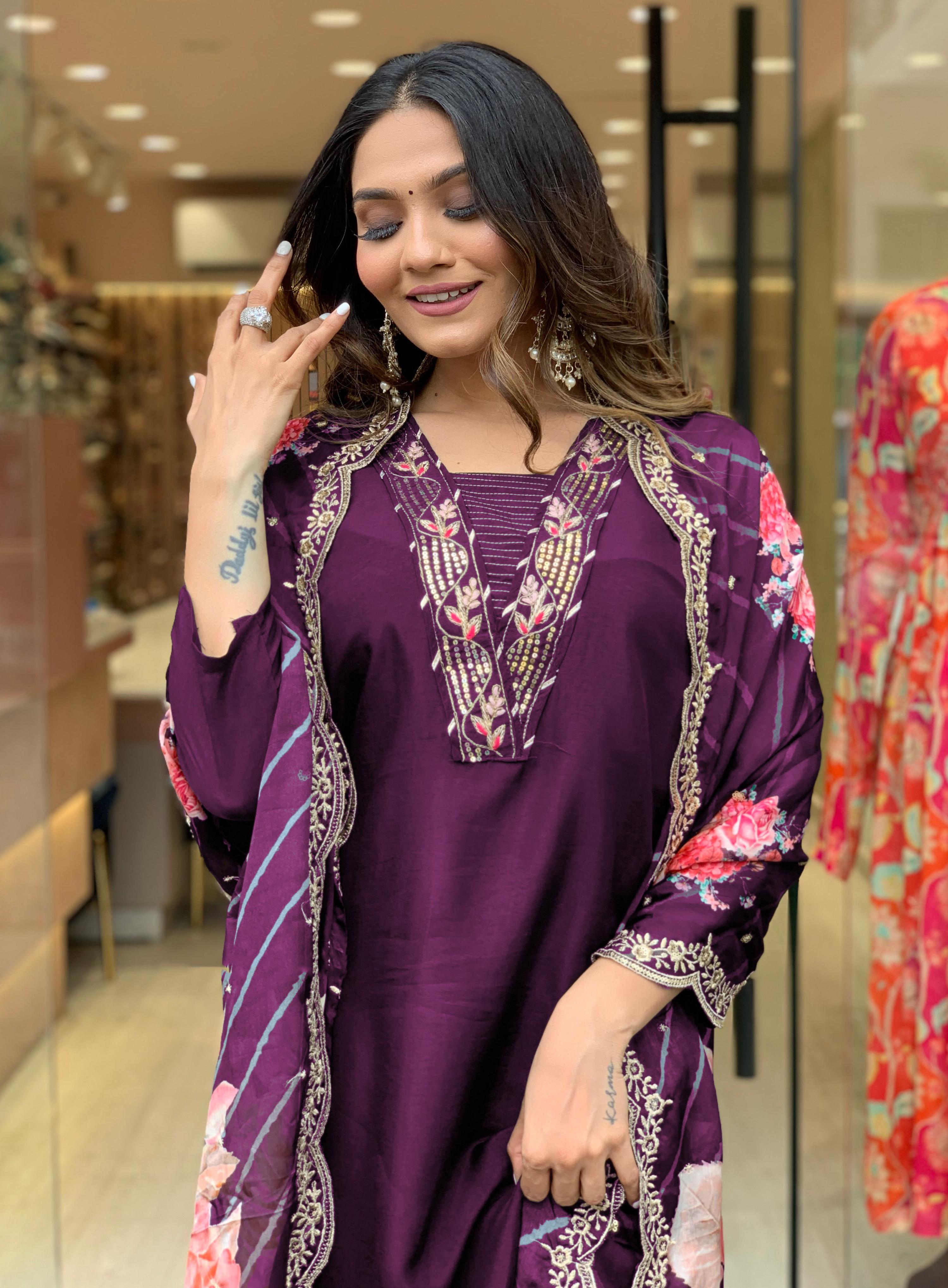 Yash Enterprise Wine Rayon Embroidery Party Wear Suit Set