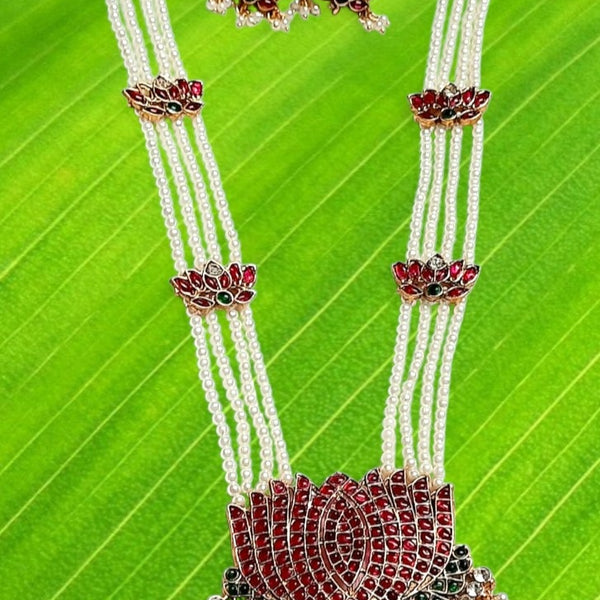 Elite Trading Bridal Lotus Maharani Haar with Earrings Antique Gold Temple Style Long Necklace Set - Distacart