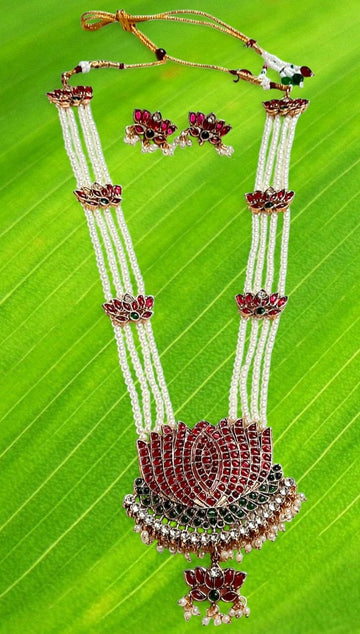 Elite Trading Bridal Lotus Maharani Haar with Earrings Antique Gold Temple Style Long Necklace Set - Distacart