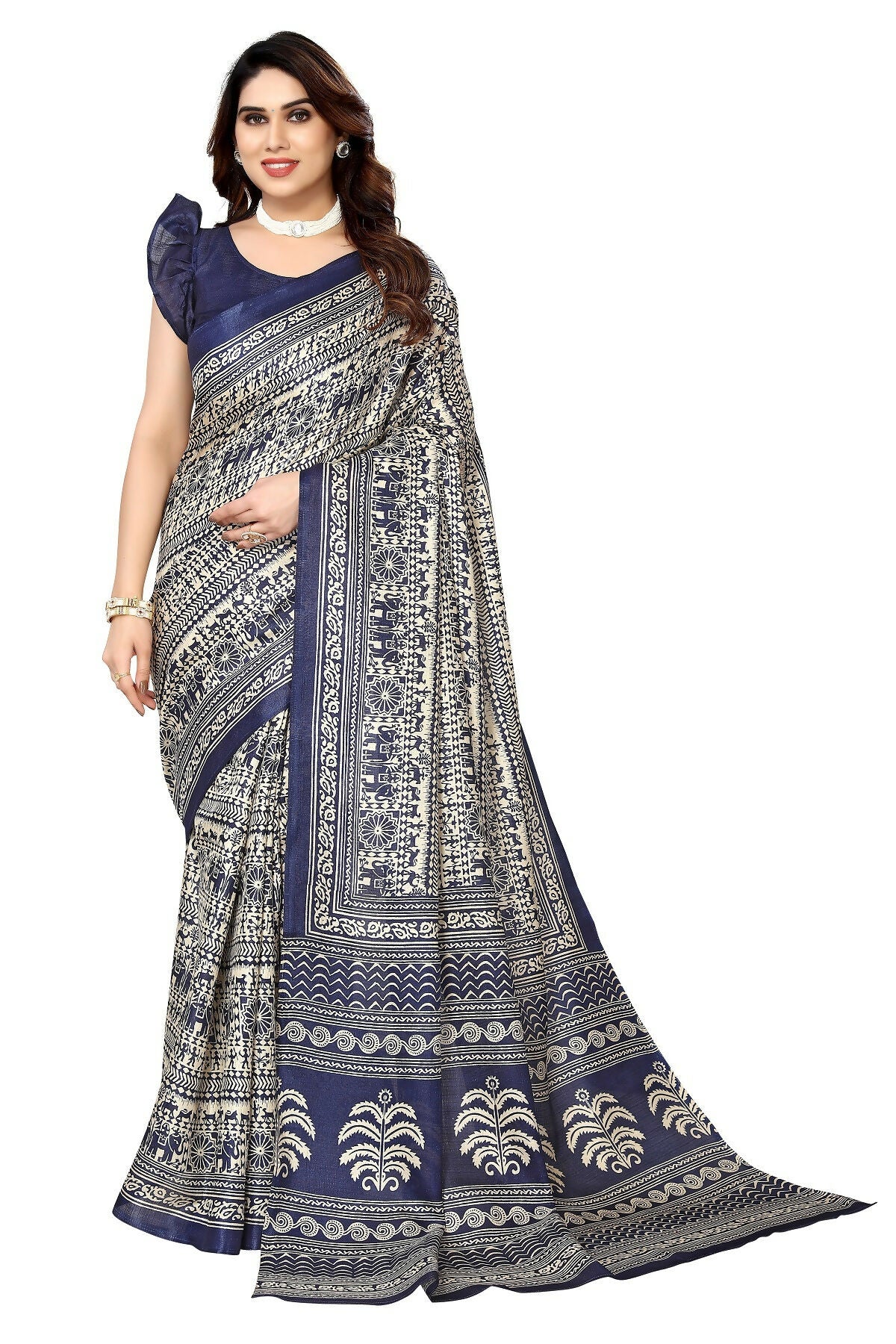 Vamika navy Printed Art Silk Saree - Distacart