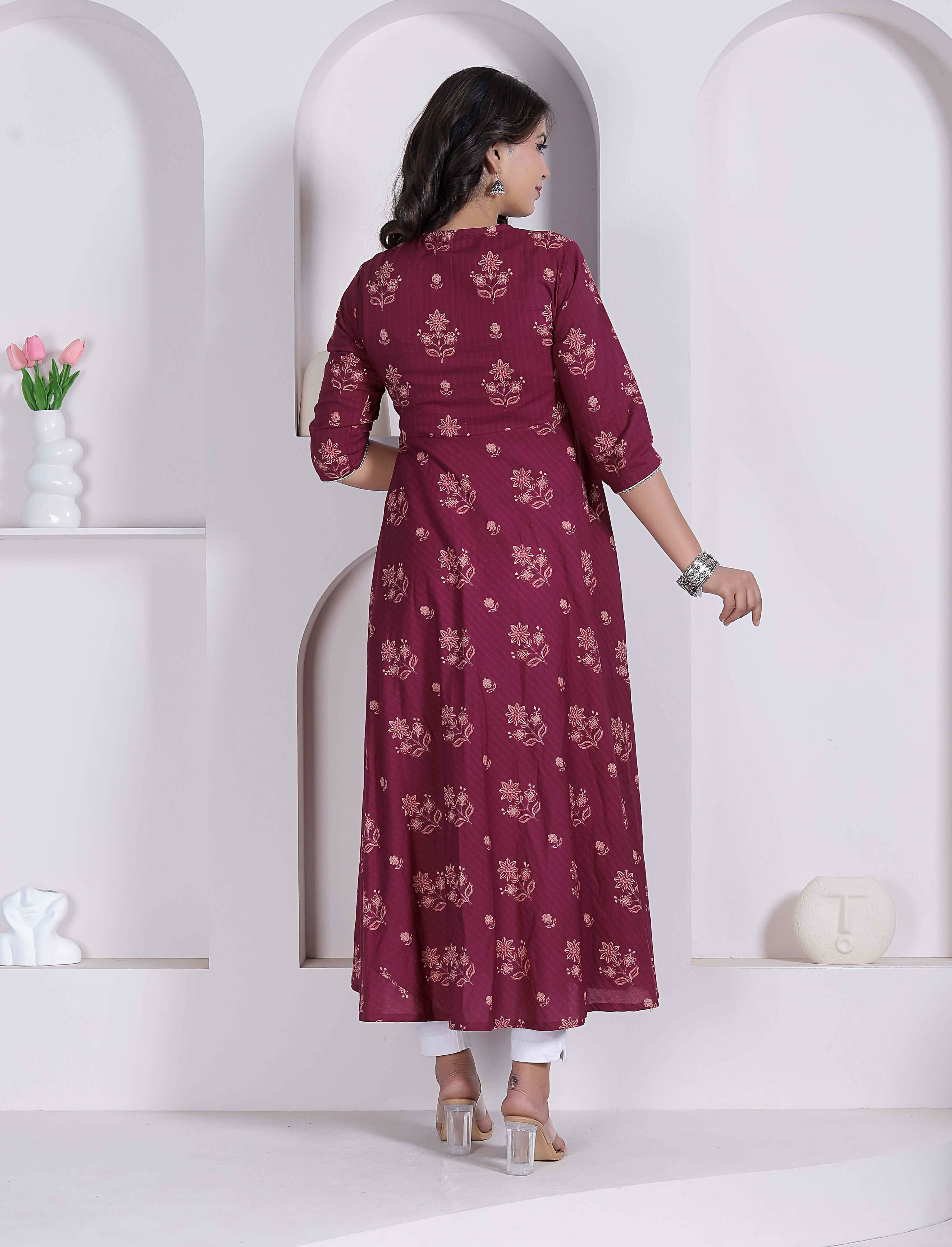 Miravan Womens Maroon Floral Printed Angrakha Style Kurta - Dista