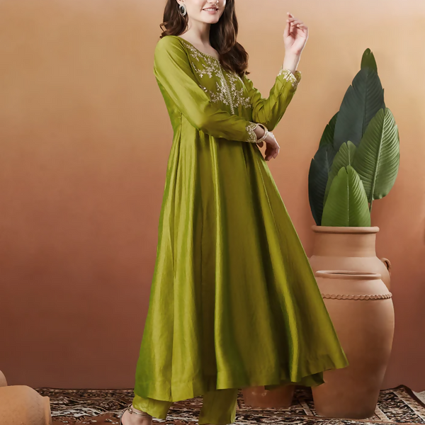 The52 Light Green Women's Beautiful Vichitra Silk Fabric Embroidered Work Flared Anarkali Pant and Dupatta Set - Distacart