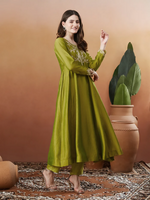 Thumbnail for The52 Light Green Women's Beautiful Vichitra Silk Fabric Embroidered Work Flared Anarkali Pant and Dupatta Set - Distacart