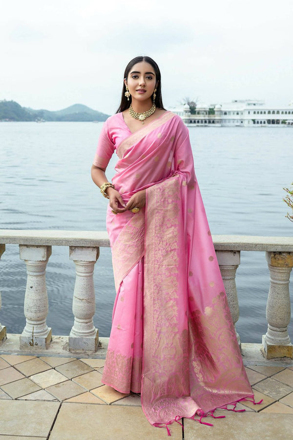 Women's Soft Silk Pink Woven Design Designer Saree With Blouse Piece