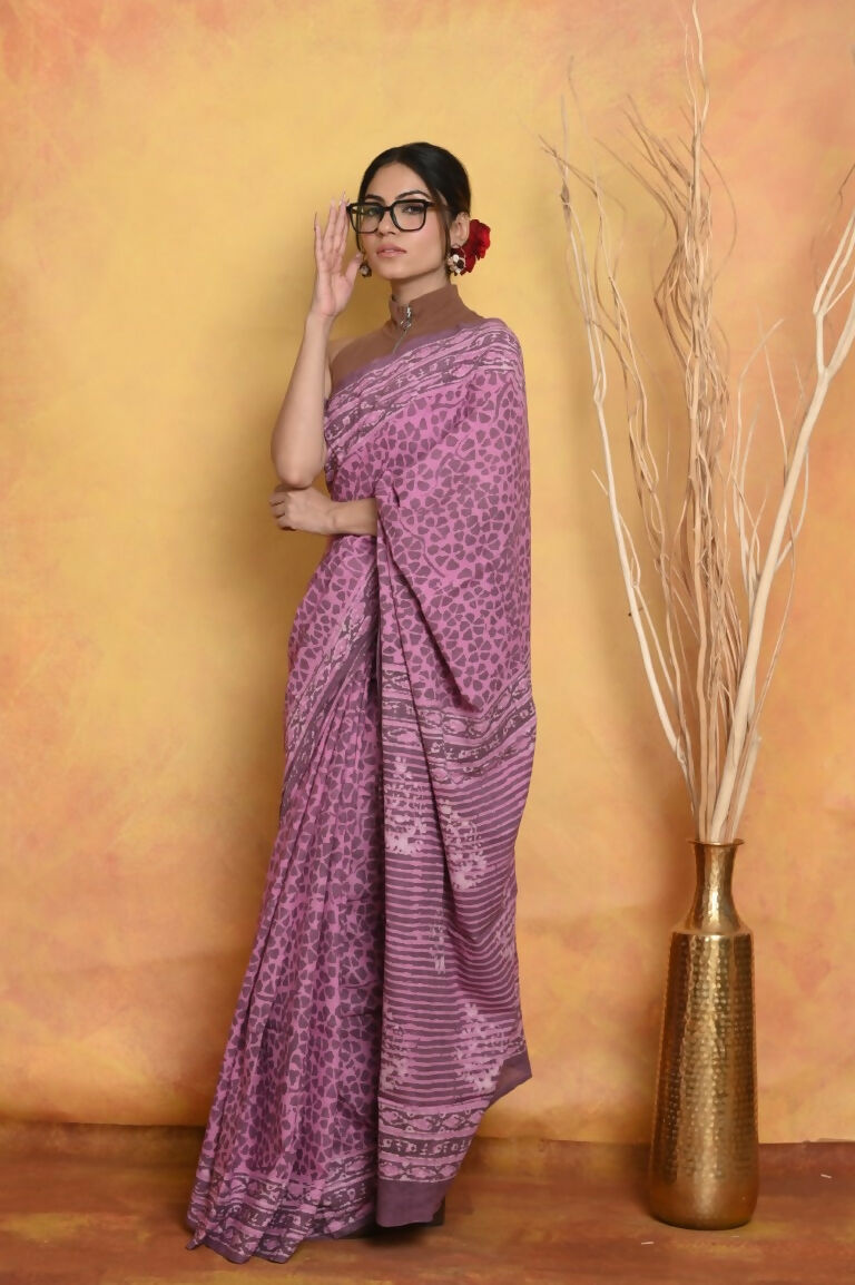 Very Much Indian Handblock Printed Cotton Saree With Natural Dyes - Pink - Distacart