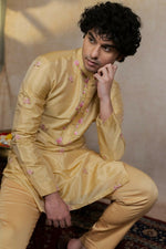 Thumbnail for Semi Pattu Gold Padmajaal Kurta Set By Hilo Design
