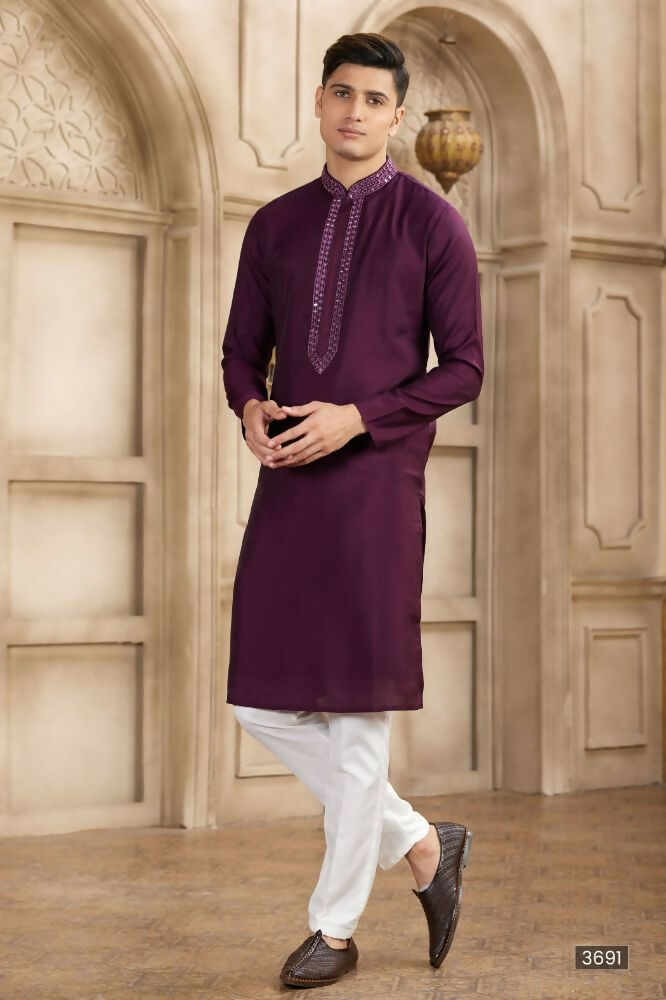 Raivat Ethnic Banarasi Art Silk Mirror Work Kurta Pajama In Wine Colour