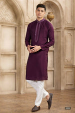 Thumbnail for Raivat Ethnic Banarasi Art Silk Mirror Work Kurta Pajama In Wine Colour