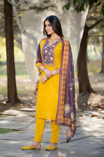 Thumbnail for Preksha Creation Yellow Festival Special Women Cotton Kurti With Dupatta And Pant