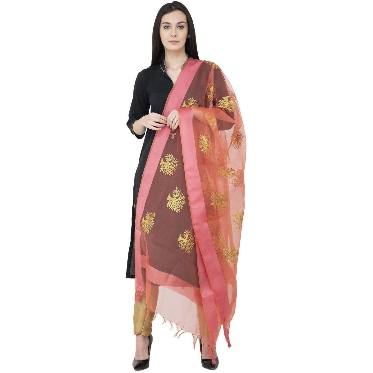 A R SILK TISSUE ZARI Embroidery Golden Zari Embroidery PEACH Color Dupatta or Chunni