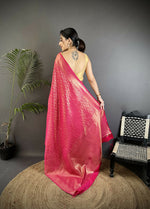 Thumbnail for Joban Fashion Rani Pink Floral & Paisley Motifs Soft Satin Silk Banarasi Saree - Distacart