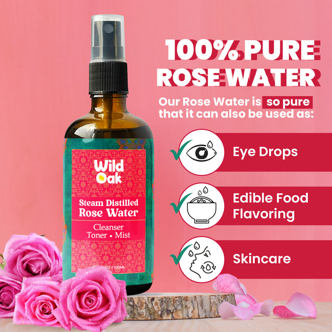 Wild Oak Steam Distilled 100% Pure Bulgarian Rose Water Face Toner - Distacart