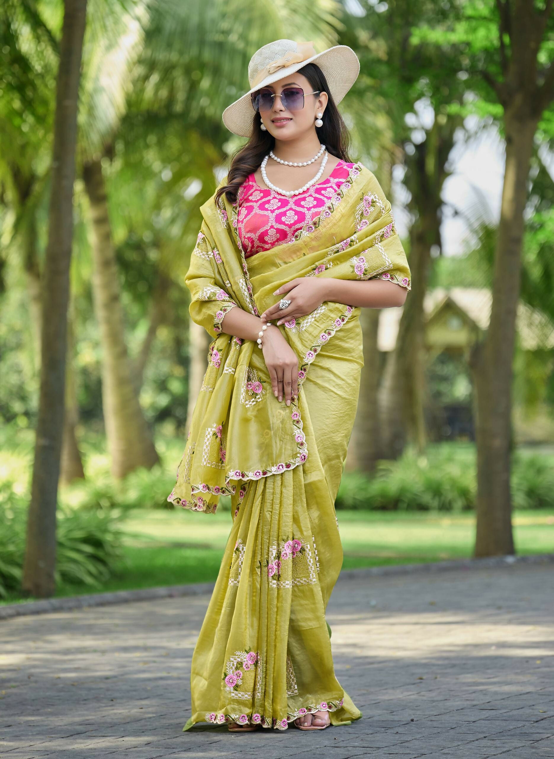 Teeya Creation Olive Color Pure Paper Silk Heavy Embroidery Work Wedding Wear Saree - Distacart