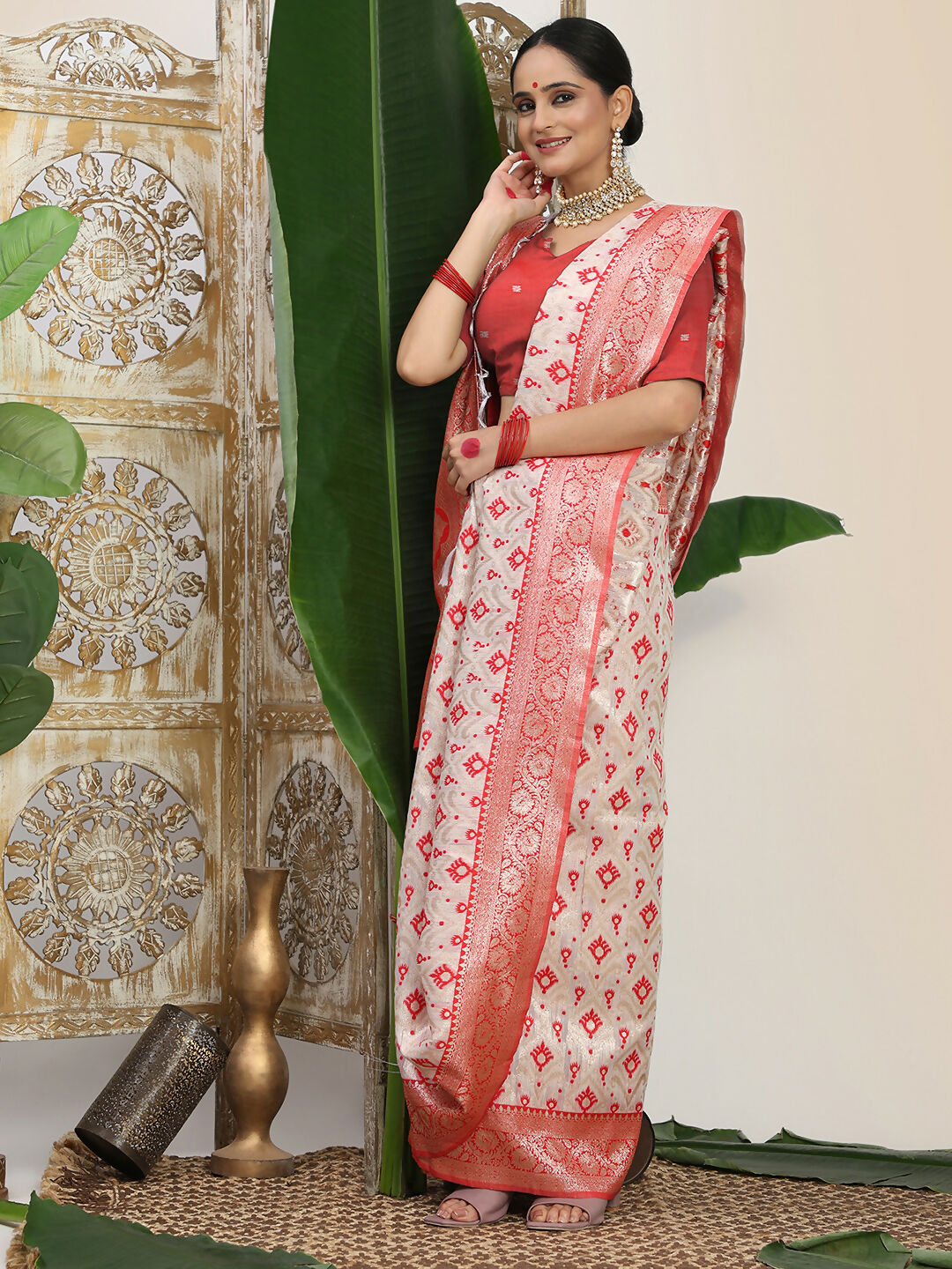 Astita Linen Cotton Red & White Saree
