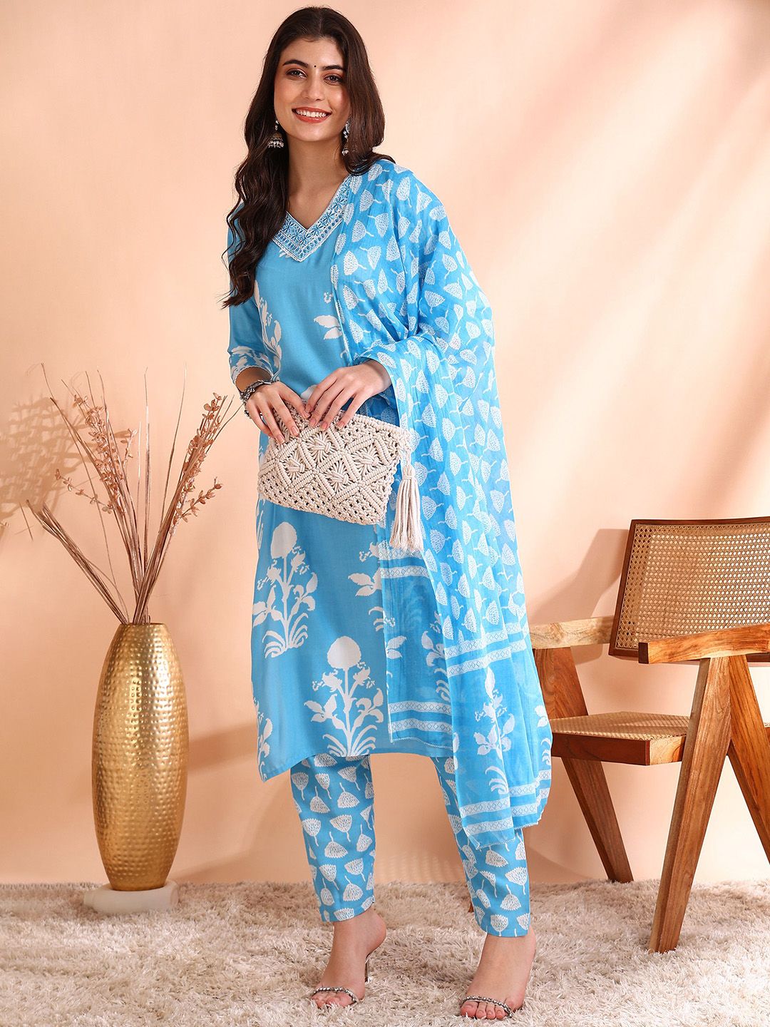Ode by House of Pataudi Printed Thread Work Pure Cotton Kurta With Trousers & Dupatta - Distacart