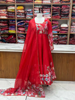 Thumbnail for The52 Women's Gorgeous Floral Printed Organza Silk Fabric Flared Anarkali Pant and Dupatta Set - Distacart