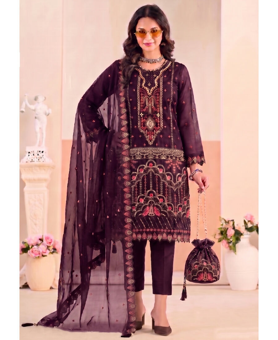 KC Purple Pakistani Crunchy Silk Heavy Salwar Kameez For Women - Dista