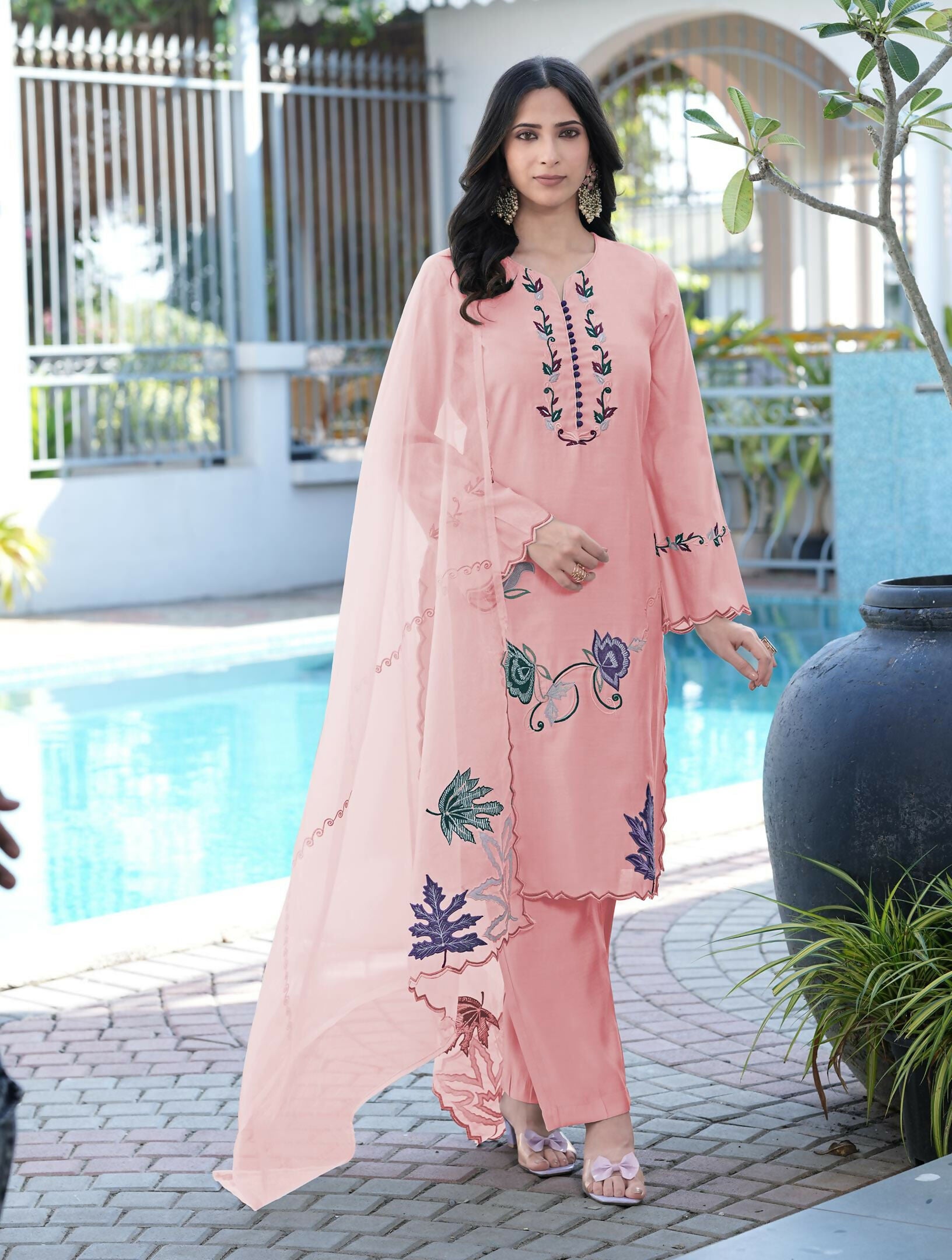 Nikhaar Light Pink Embroidered Art Silk Stitched Straight Cut Kurta Pants Dupatta Readymade Suit - Dista