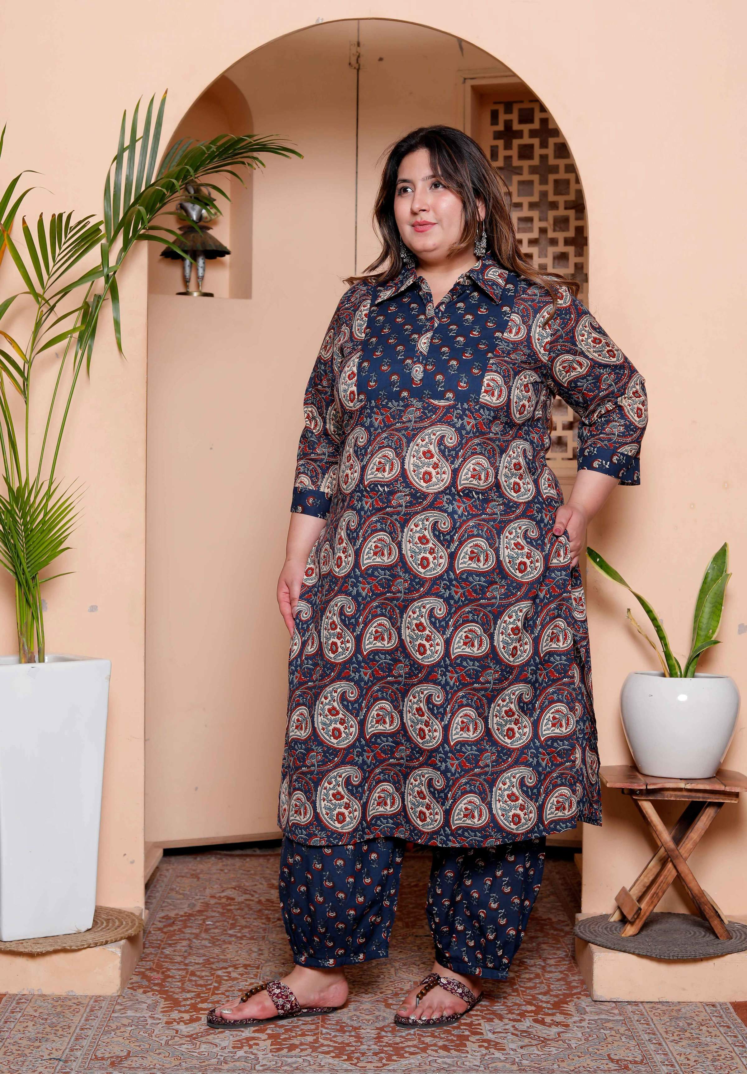 Miravan Womens Plus Size Cotton Floral Printed Shirt-Collar Straight Kurta and Palazzo set - Distacart